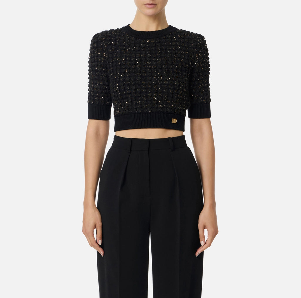 ELS-MK18Q56 BLACK BOUCLÉ CROP TOP