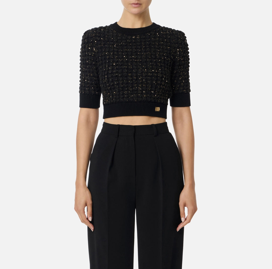 ELS-MK18Q56 BLACK BOUCLÉ CROP TOP