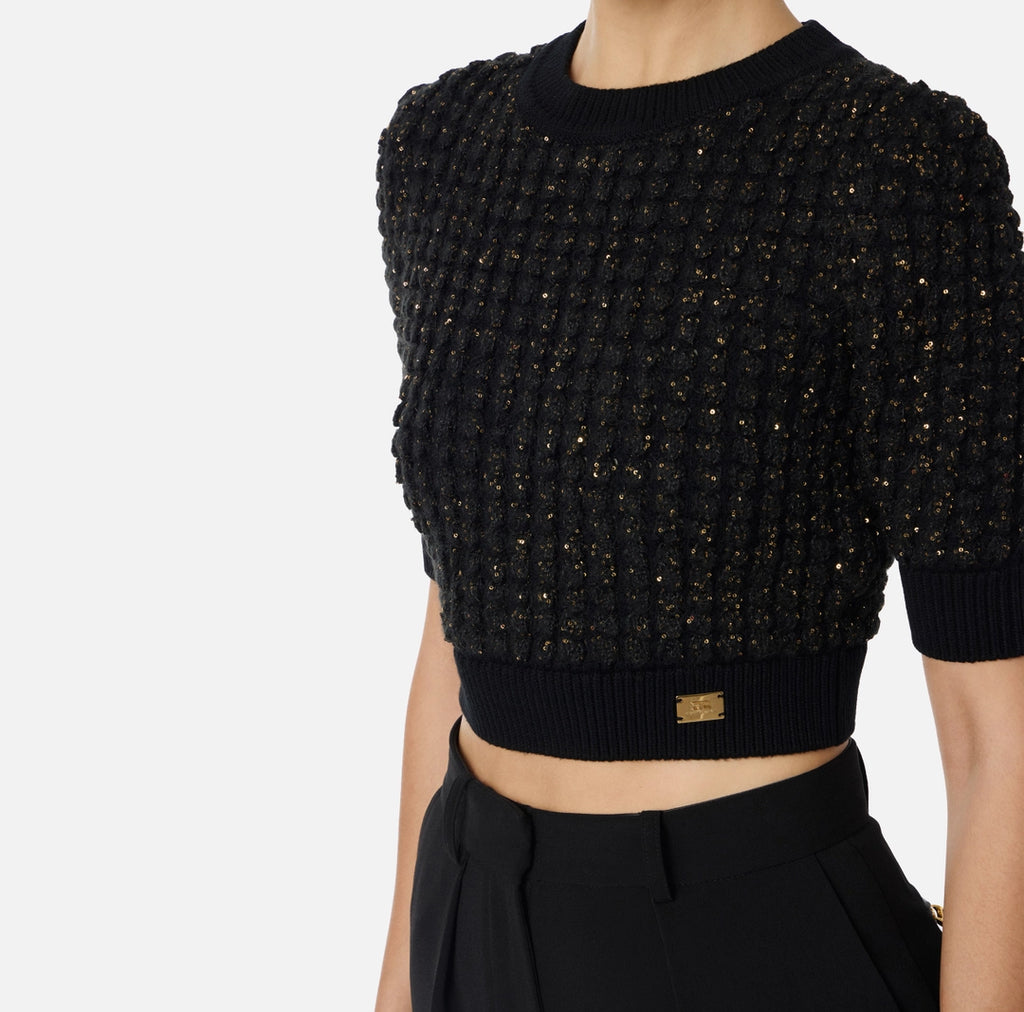 ELS-MK18Q56 BLACK BOUCLÉ CROP TOP