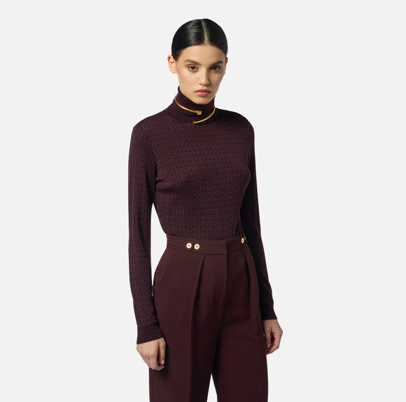 ELS-MK23S56E2 BURGUNDY KNIT POLO NECK TOP