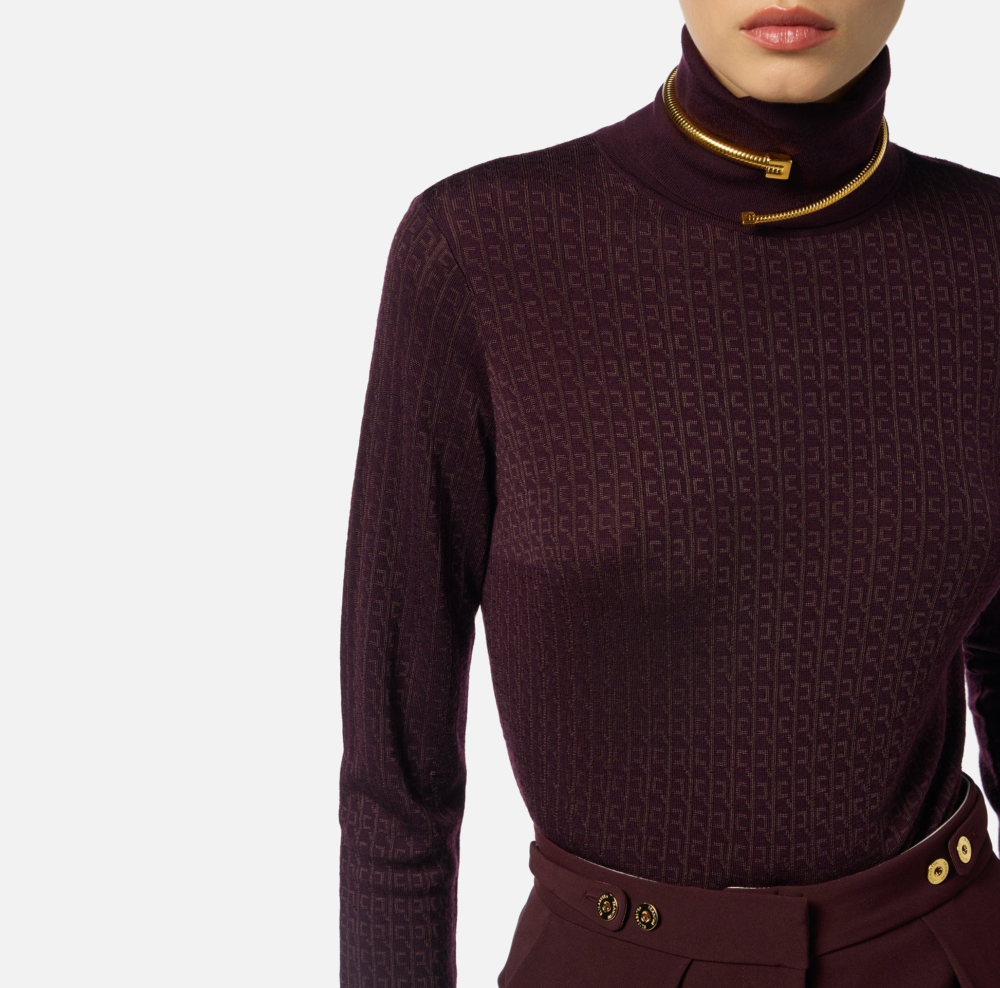 ELS-MK23S56E2 BURGUNDY KNIT POLO NECK TOP