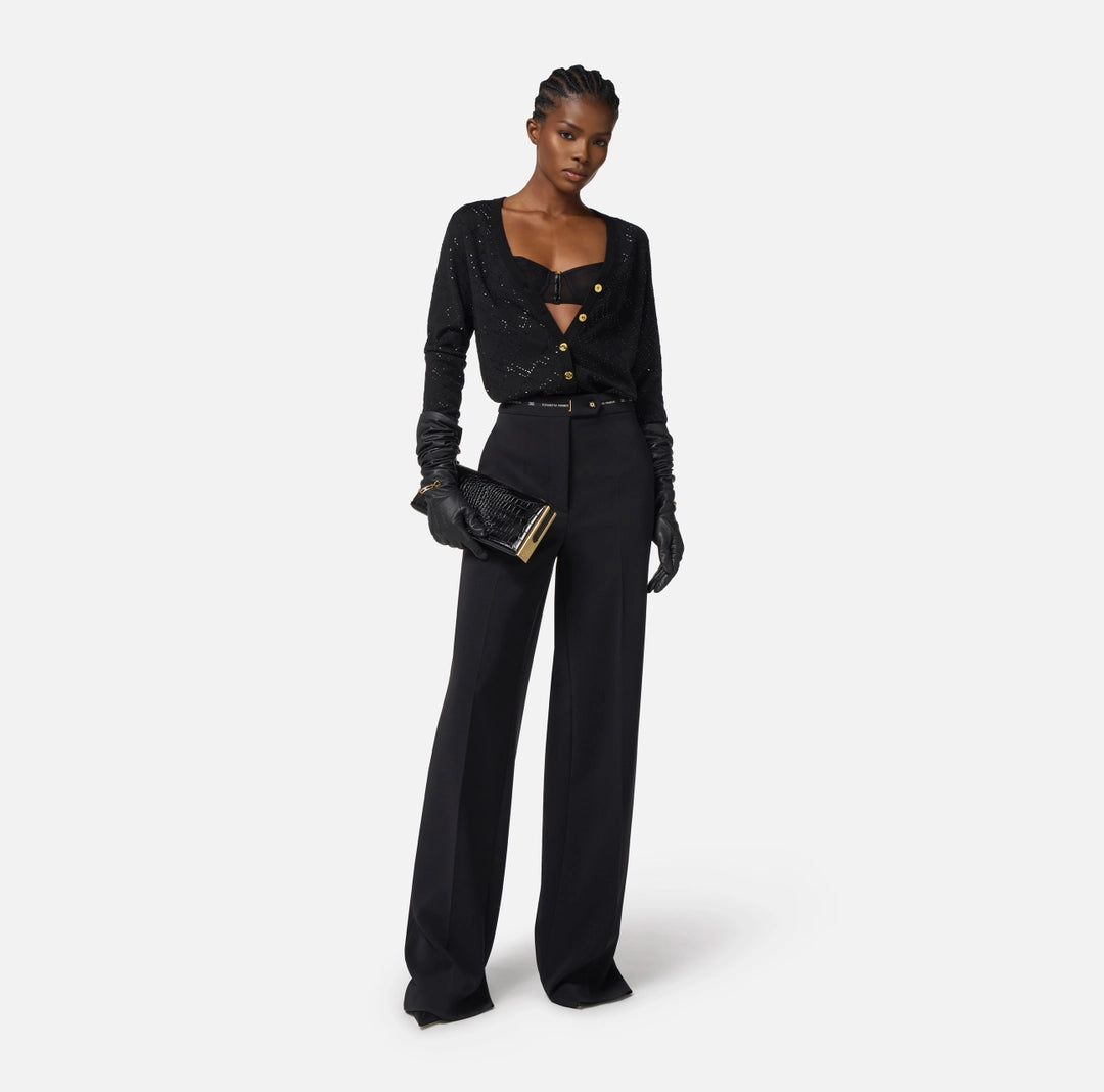 ELS-MK26B56 BLACK WOOL CRYSTALS CARDIGAN