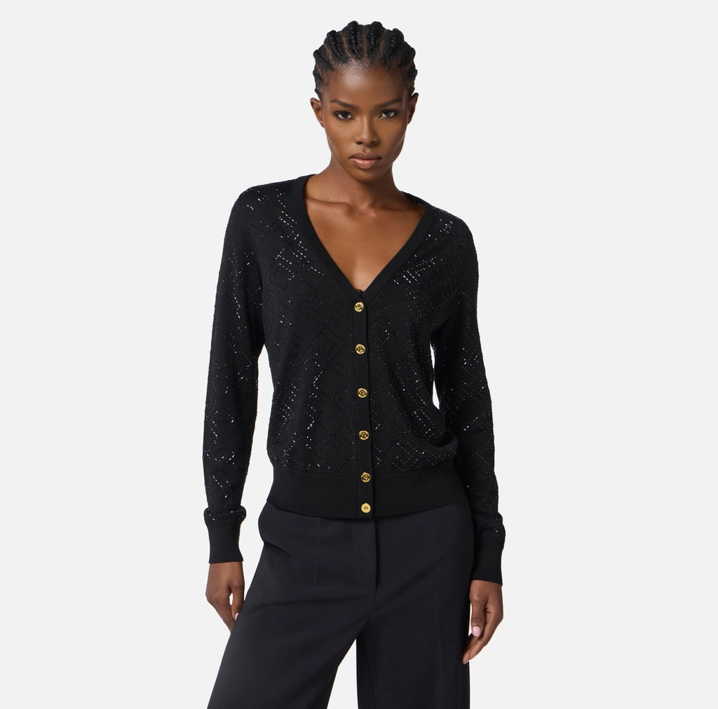 ELS-MK26B56 BLACK WOOL CRYSTALS CARDIGAN