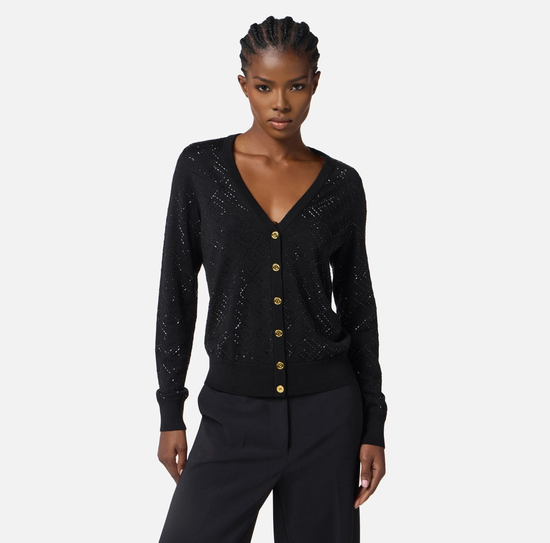 ELS-MK26B56 BLACK WOOL CRYSTALS CARDIGAN