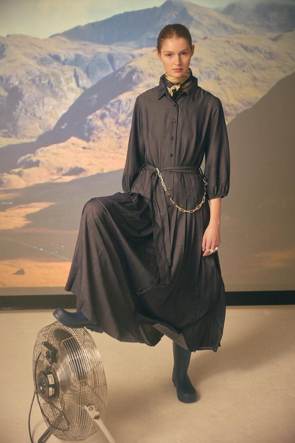 NOI-NR-396 BLACK DENIM PLEATED BEAD DRESS