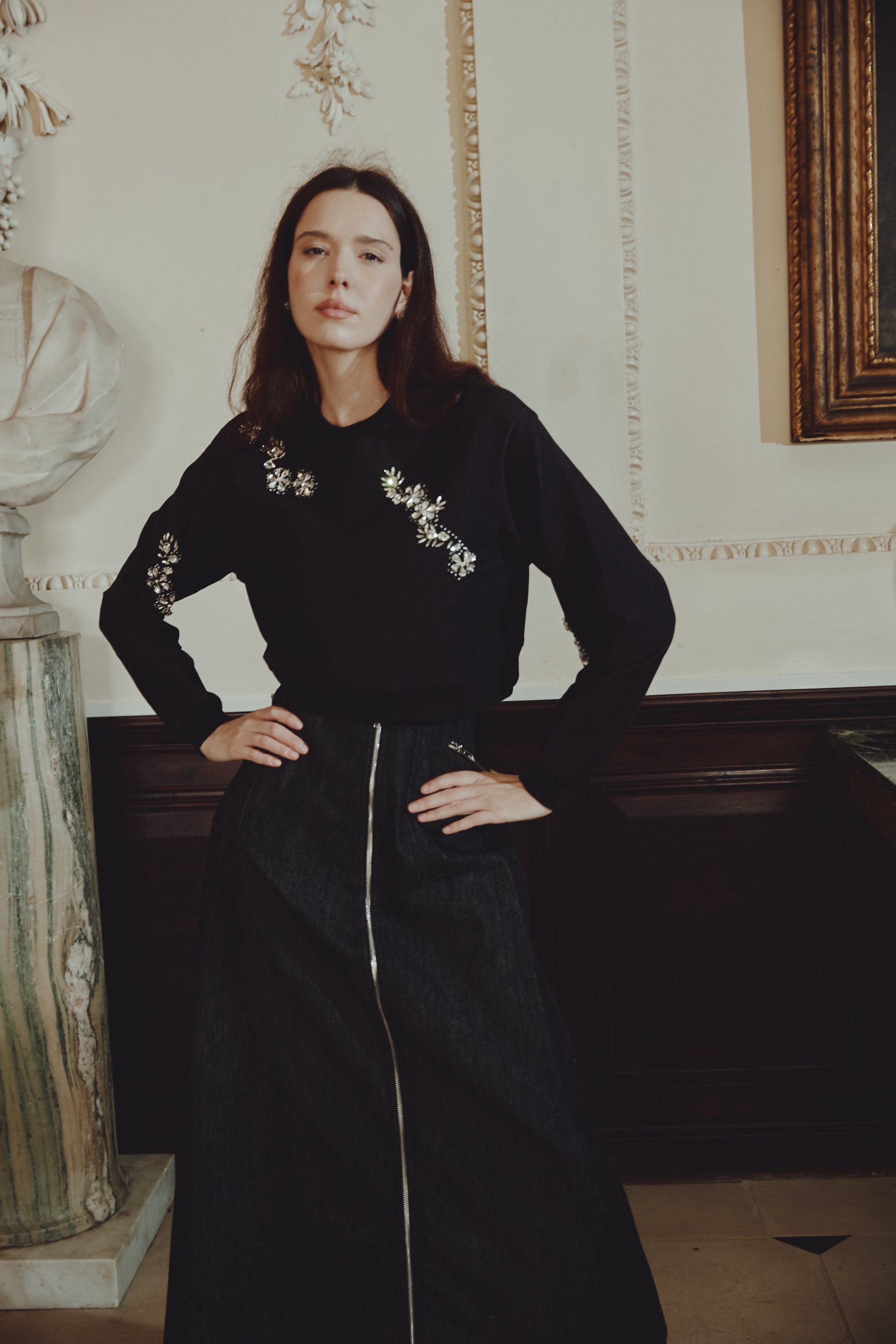 NOI-NR-418 BLACK DENIM EMBELLISHED SWEATSHIRT