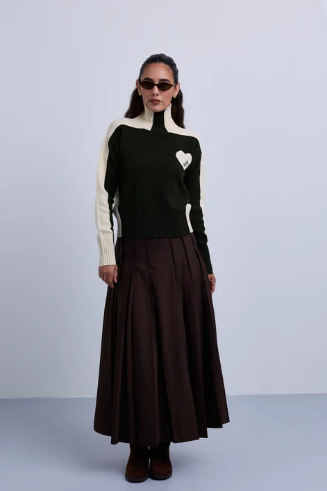 NOI-NR521 BROWN PLEATED WOOL BELT SKIRT