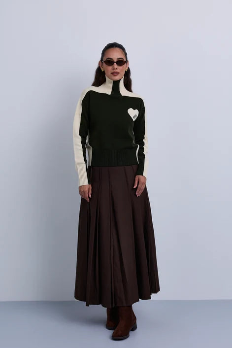 NOI-NR521 BROWN PLEATED WOOL BELT SKIRT