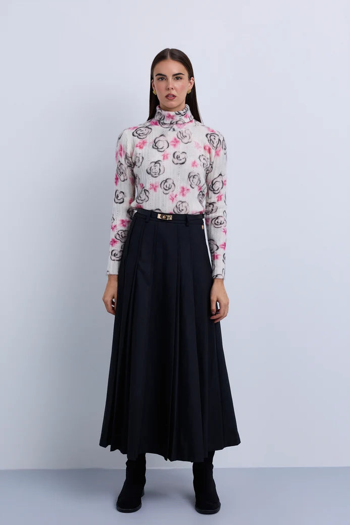 NOI-NR521 BROWN PLEATED WOOL BELT SKIRT