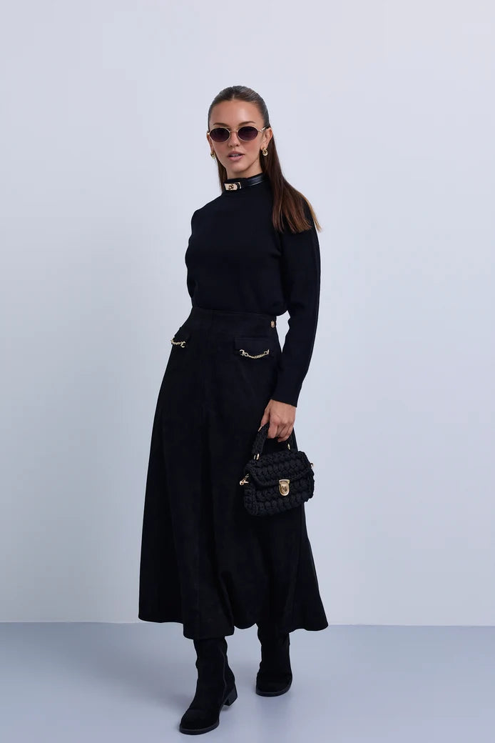 NOI-NR522 BROWN CHAIN POCKET SUEDE SKIRT