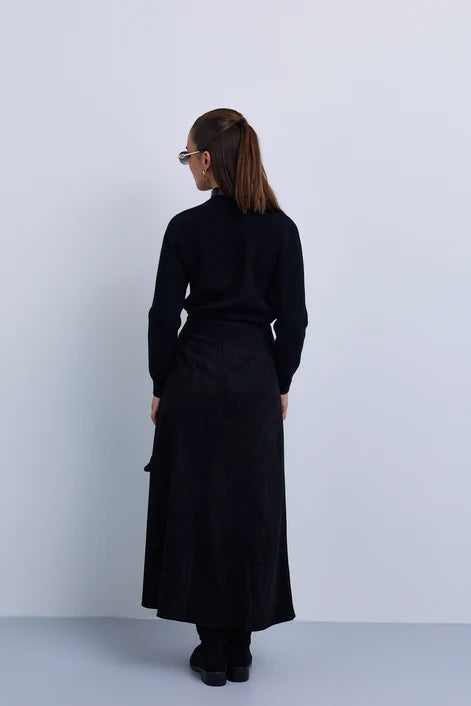 NOI-NR522 BROWN CHAIN POCKET SUEDE SKIRT