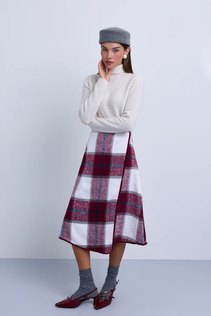 NOI-NR523 BURGANDY&IVORY PLAID SKIRT