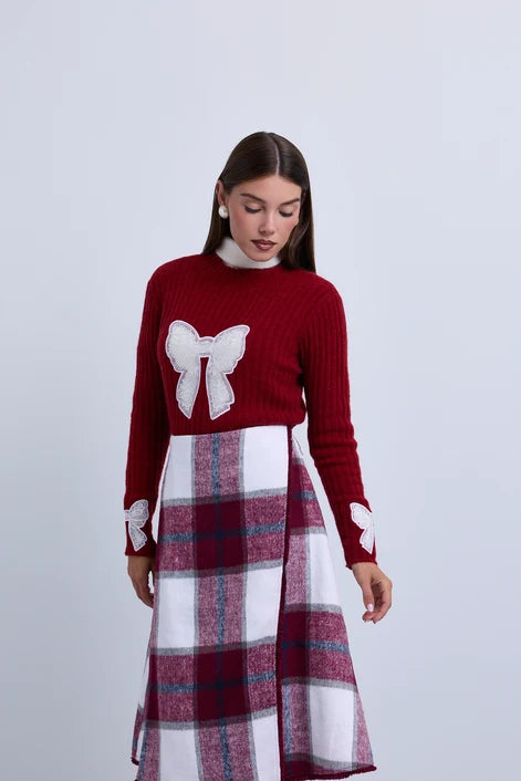 NOI-NR523 BURGANDY&IVORY PLAID SKIRT
