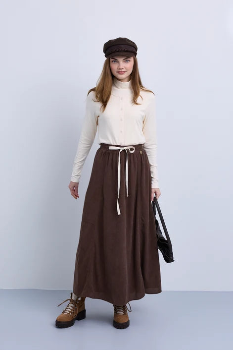 NOI-NR526 BROWN CORD SIDE PANEL SKIRT
