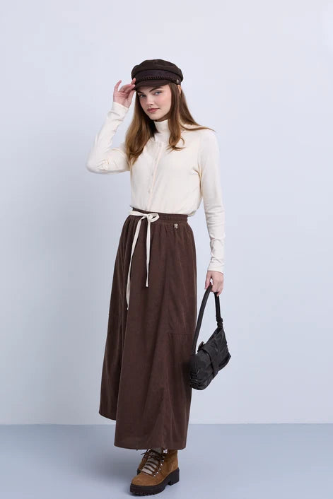 NOI-NR526 BROWN CORD SIDE PANEL SKIRT