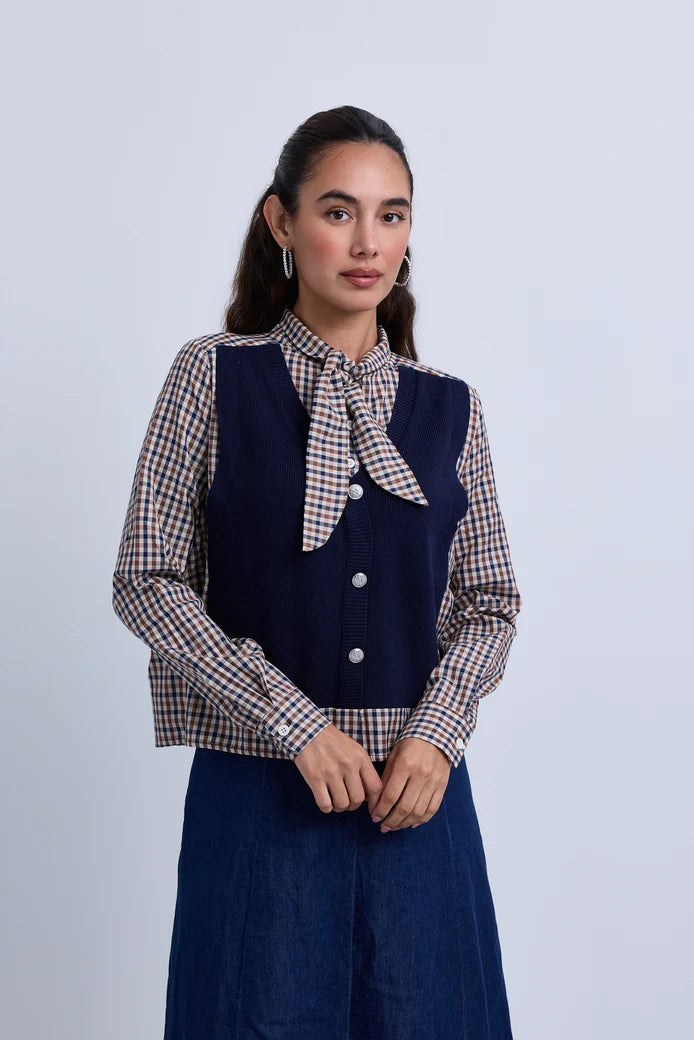 NOI-NR530 BLUE&BROWN CHECKED KNIT BLOUSE