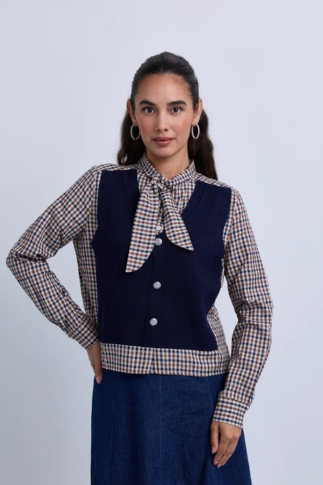 NOI-NR530 BLUE&BROWN CHECKED KNIT BLOUSE