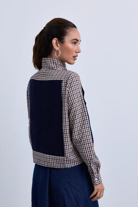 NOI-NR530 BLUE&BROWN CHECKED KNIT BLOUSE