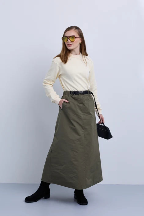 NOI-NR532 GREEN TAFFETA BUCKLE BELT SKIRT