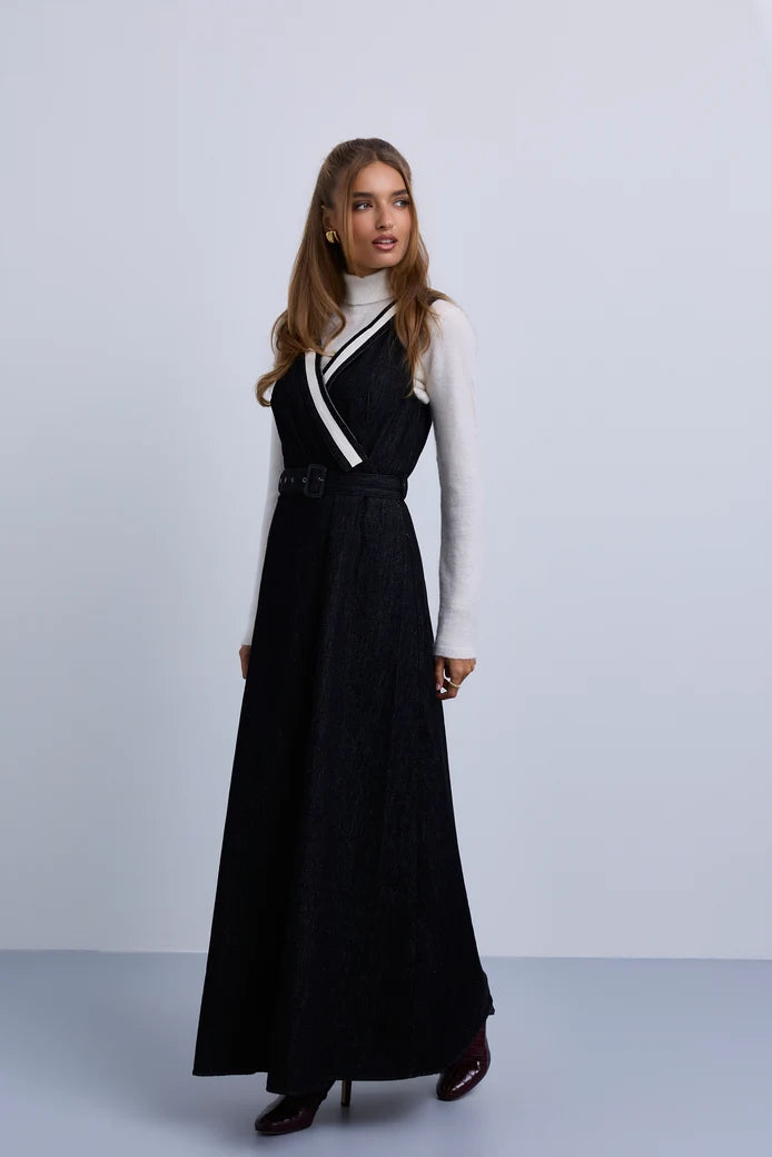 NOI-NR541 BLACK DENIM SLEEVELESS DRESS