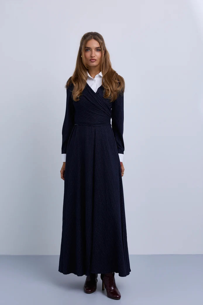 NOI-NR542 NAVY&WHITE PINSTRIPE WRAP DRESS