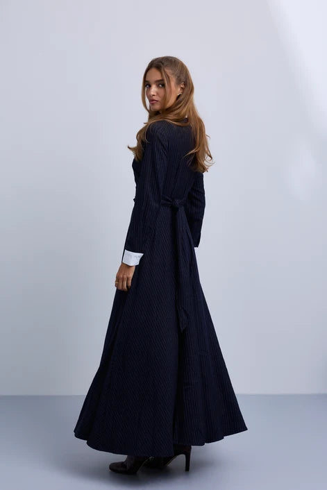 NOI-NR542 NAVY&WHITE PINSTRIPE WRAP DRESS
