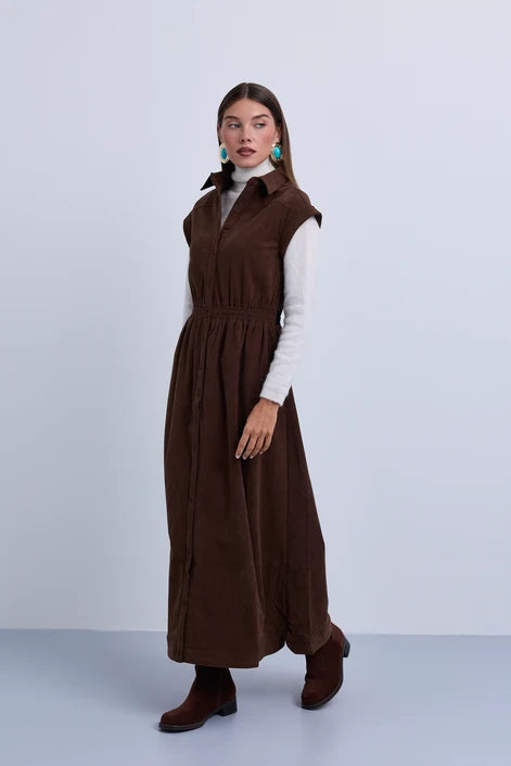 NOI-NR543 BROWN GATHERED WAISTBAND DRESS