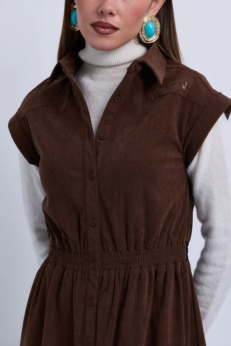 NOI-NR543 BROWN GATHERED WAISTBAND DRESS