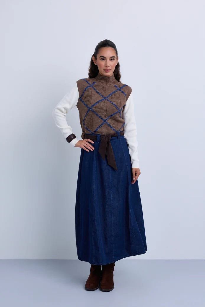 NOI-NR547 BLACK DENIM CORDUROY BELT SKIRT