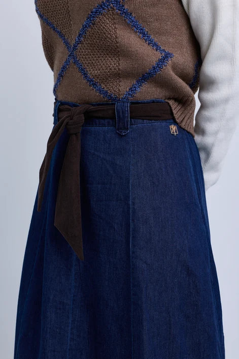 NOI-NR547 BLACK DENIM CORDUROY BELT SKIRT