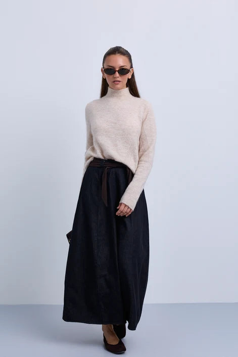 NOI-NR547 BLUE DENIM CORDUROY BELT SKIRT