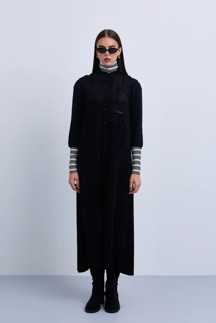NOI-NR548 BLACK SLEEVELESS MANDARIN COLLAR DRESS X