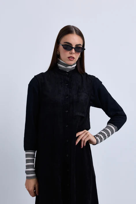 NOI-NR548 BLACK SLEEVELESS MANDARIN COLLAR DRESS X