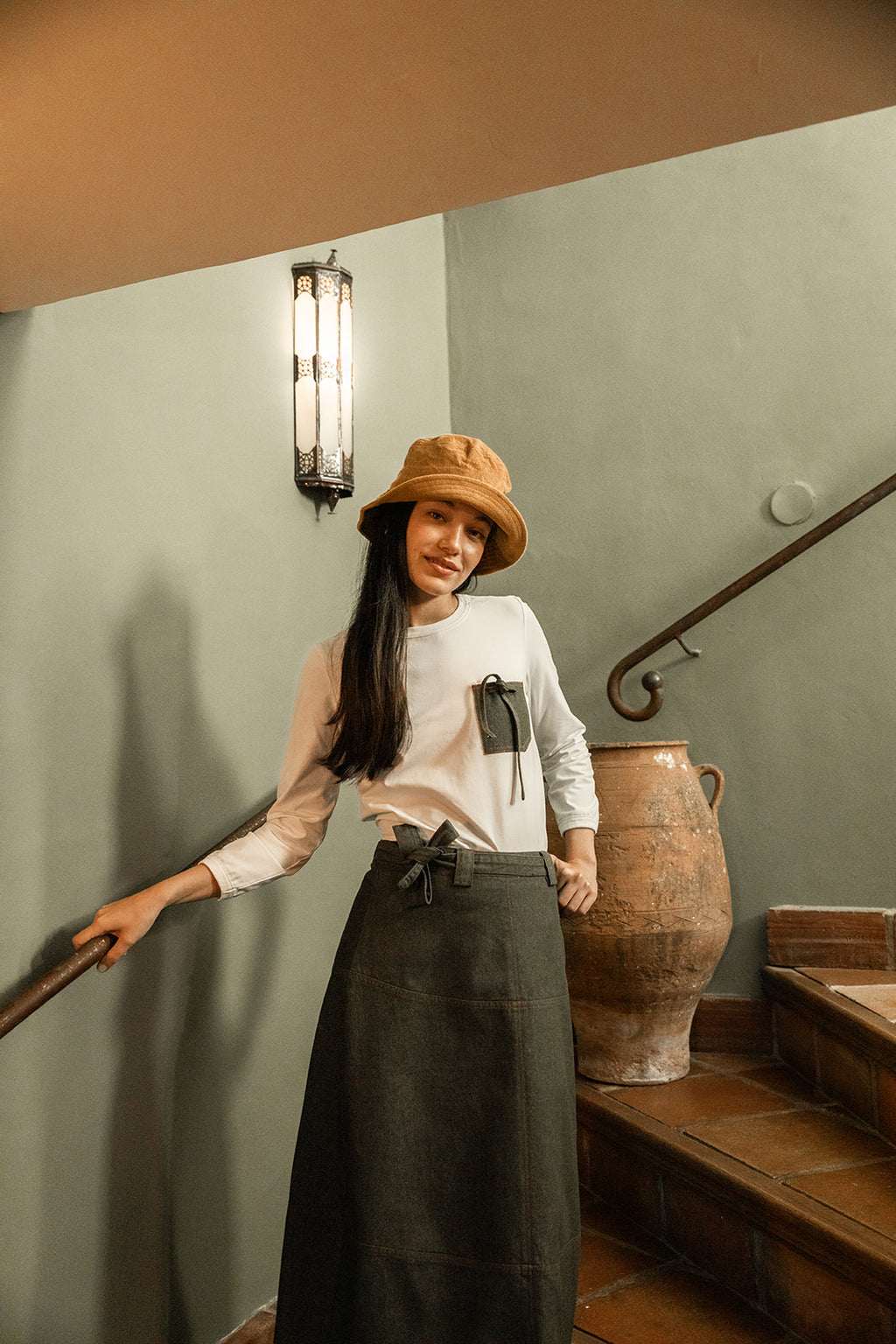 TEA-NRT-526S DENIM A-LINE SKIRT WITH SELF TIE BELT