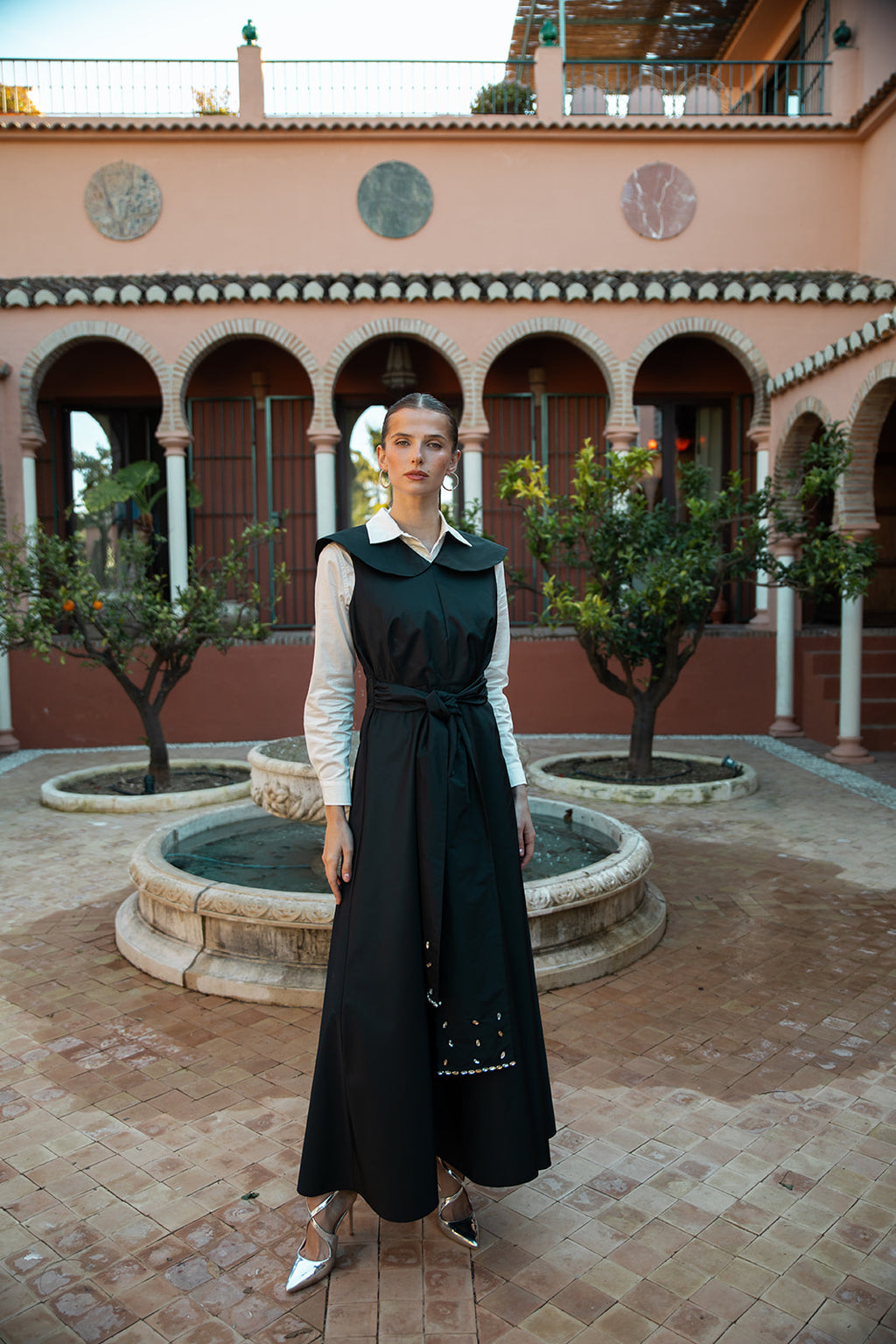 NOI-H4089 BLACK TAFFETA STONE BELT DRESS