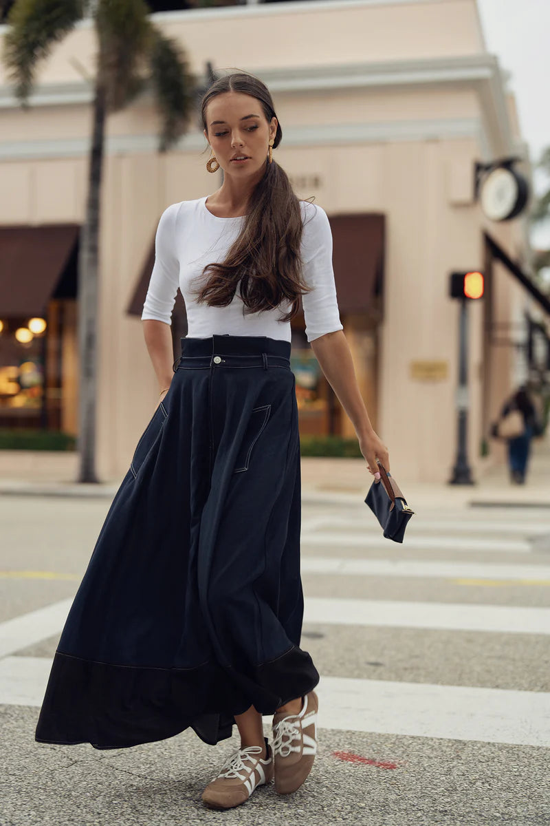 AVG-AL101 BLACK DENIM TWO TONE SKIRT
