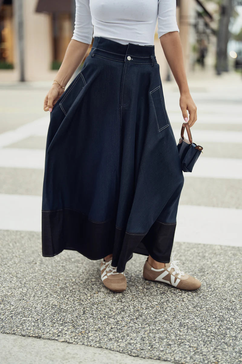 AVG-AL101 BLACK DENIM TWO TONE SKIRT