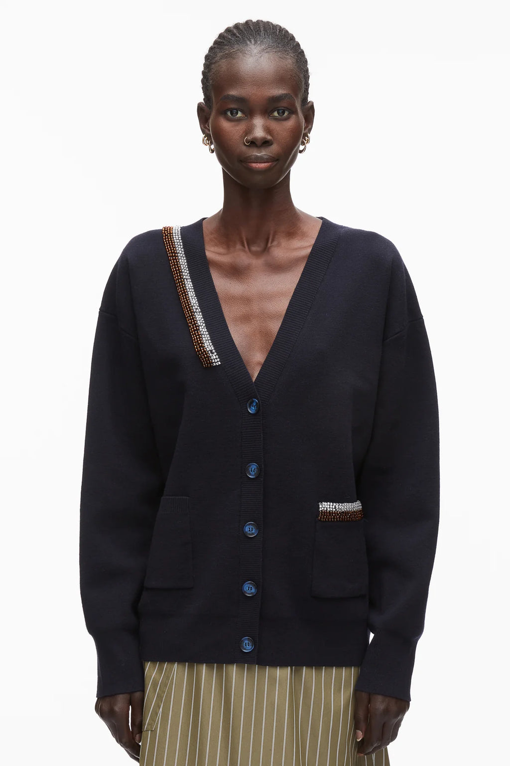 PLM-P261-70581 NAVY BEADED CARDIGAN