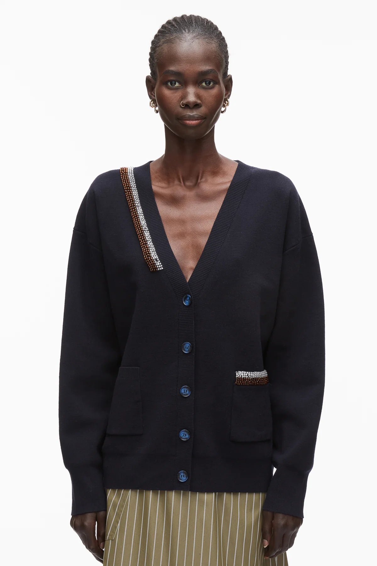 PLM-P261-70581 NAVY BEADED CARDIGAN