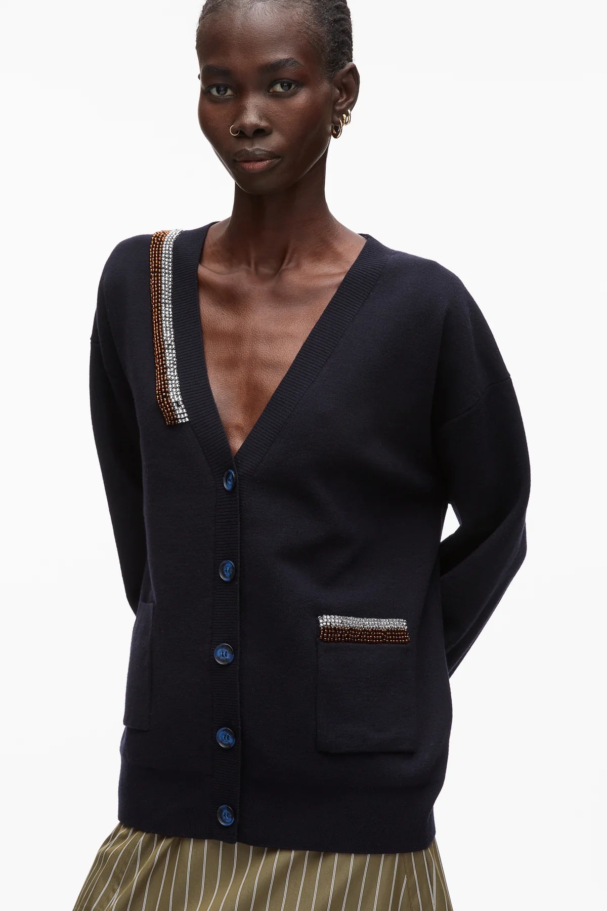 PLM-P261-70581 NAVY BEADED CARDIGAN