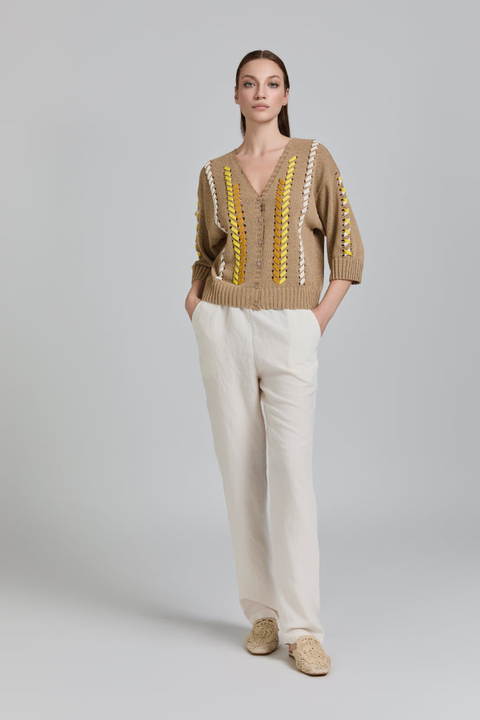 TRC-U307 BEIGE&MULTI WEAVE CARDIGAN