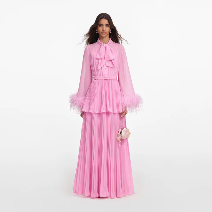 SPO-PF2-008X PINK FEATHER CUFF MAXI DRESS