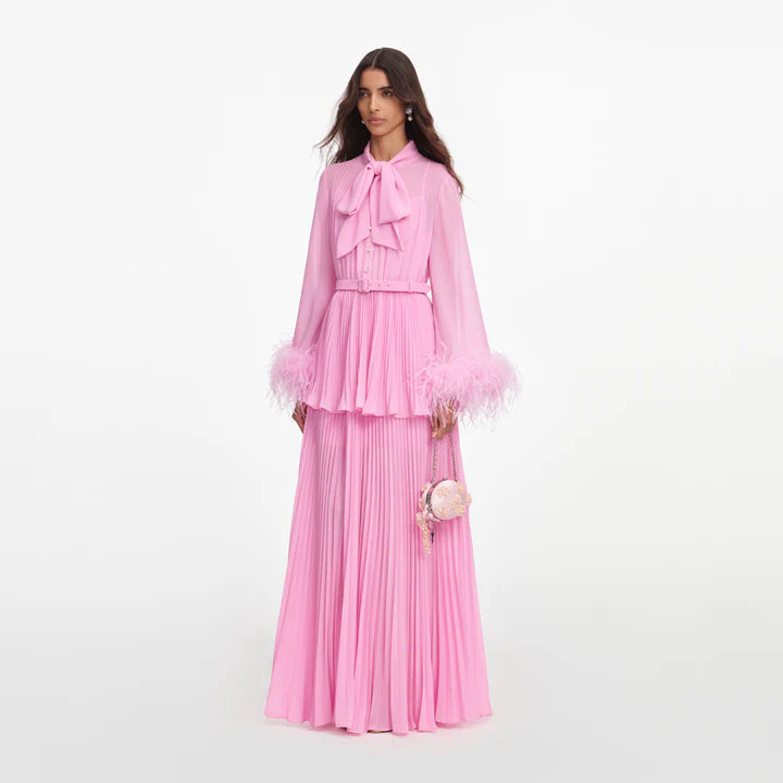 SPO-PF2-008X PINK FEATHER CUFF MAXI DRESS