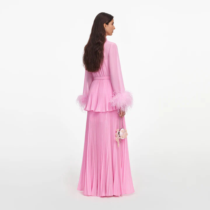 SPO-PF2-008X PINK FEATHER CUFF MAXI DRESS