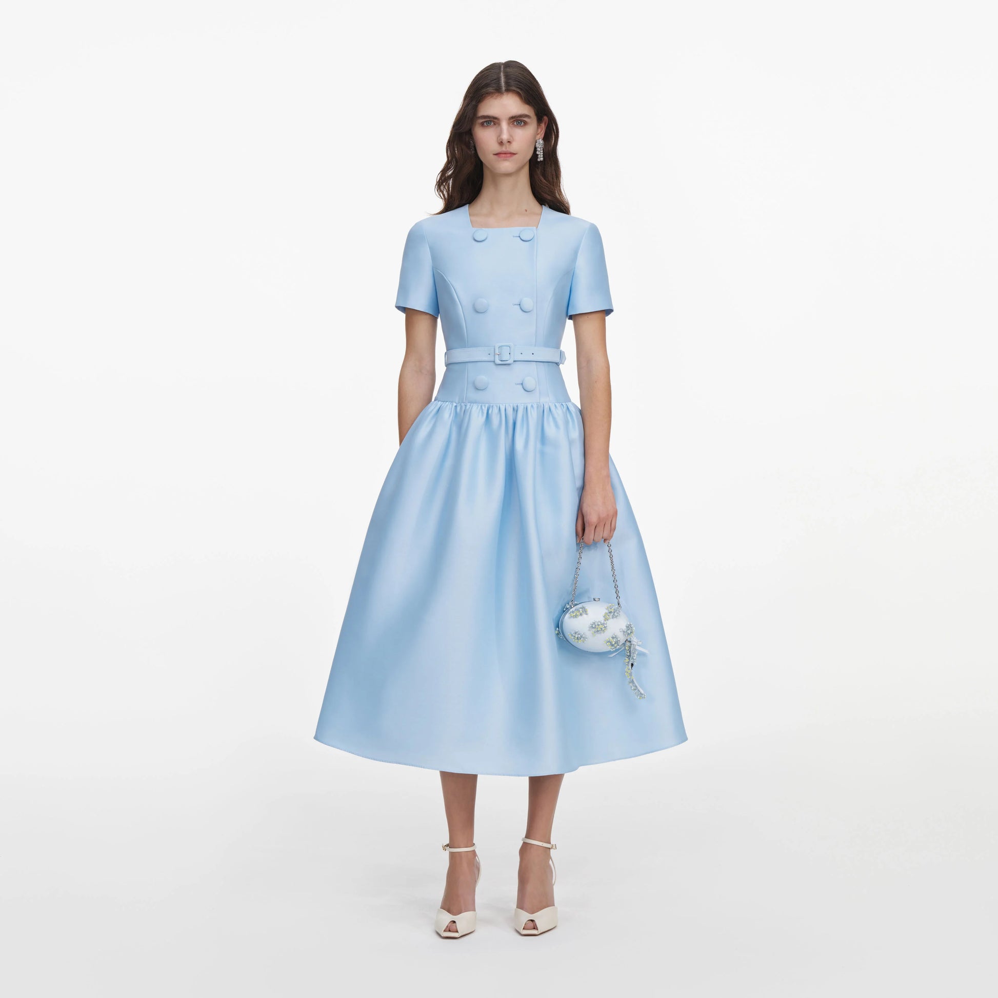 SPO-PF2-077M BLUE BUTTON TAFFETA DRESSS