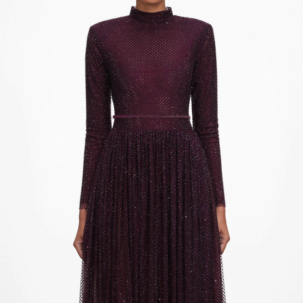 SPO-PF26-139X BURGUNDY RHINESTONE DRESS
