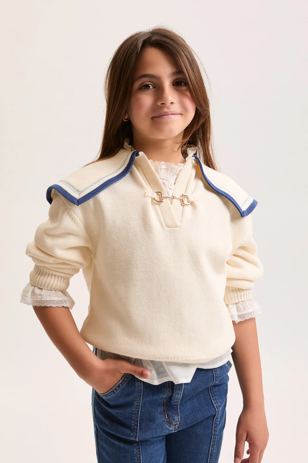 PHK-I9G607 CREAM BUCKLE COLLAR TOP