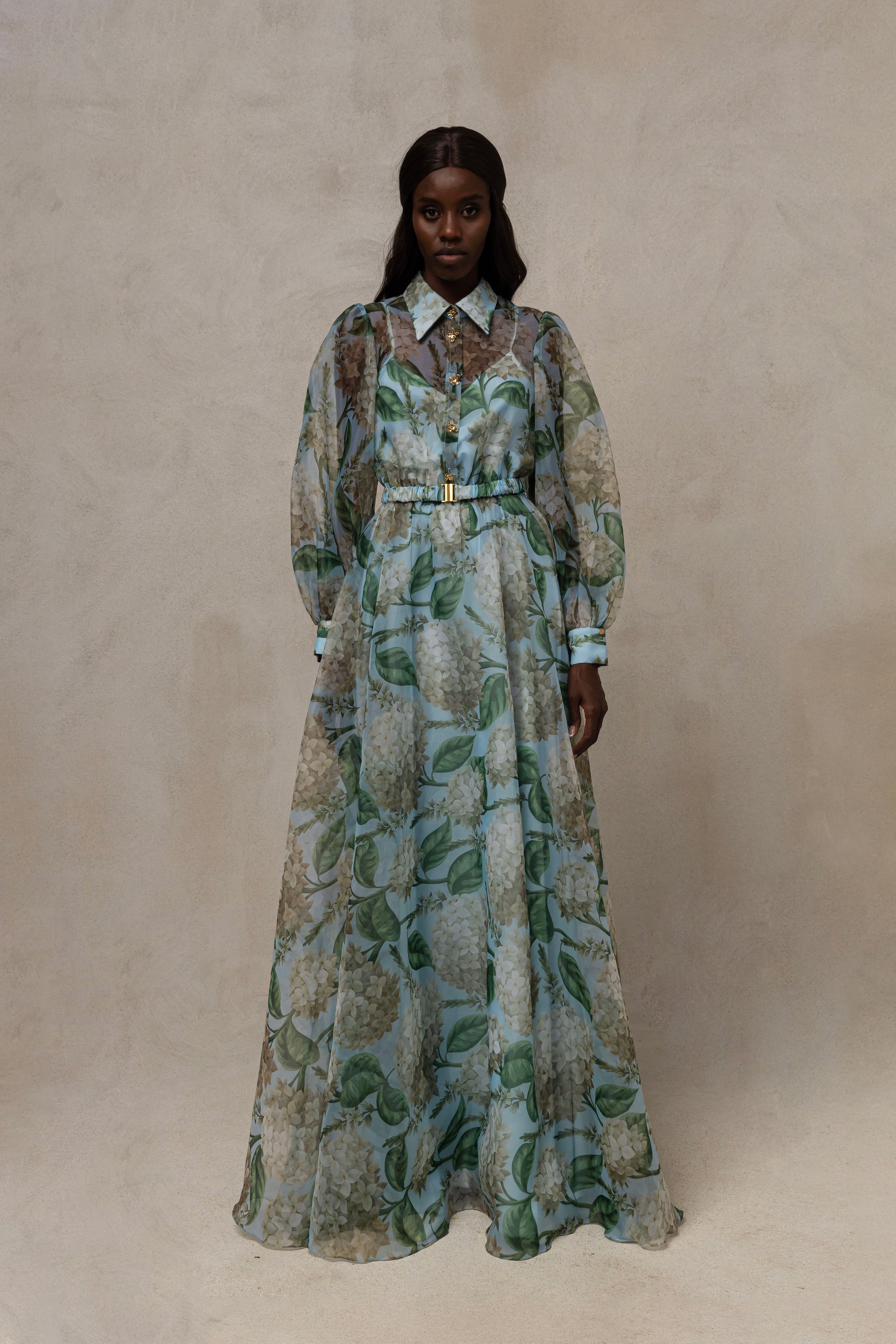 NIS-RC15697 BLUE&GREEN ORGANZA PRINT DRESS