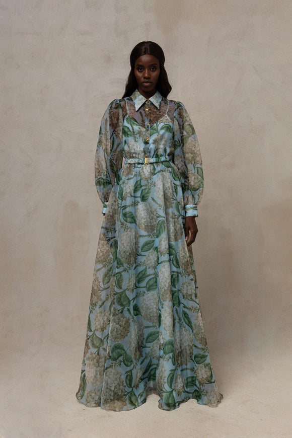 NIS-RC15697 BLUE&GREEN ORGANZA PRINT DRESS