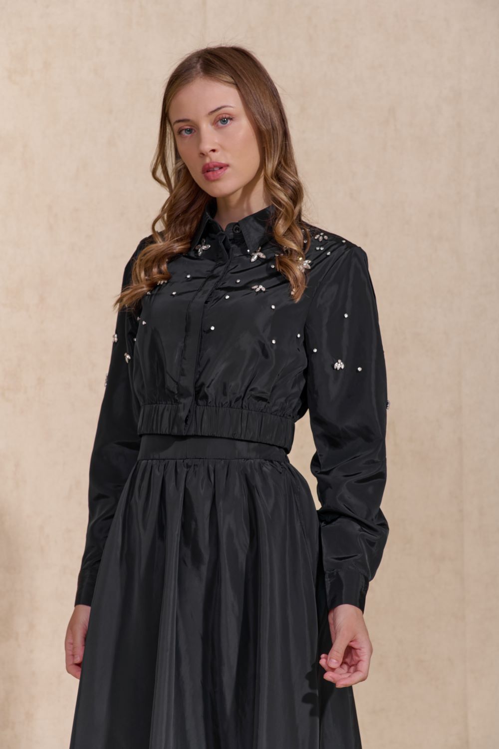 ROP-RPW2510 BLACK EMBELLISHED TAFFETA BLOUSE